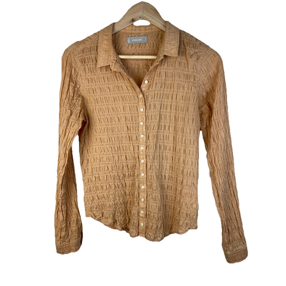 Everlane Women's 0 Peach Smocked Long Sleeve Button Up Shirt $90